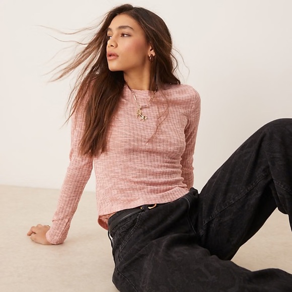 🎆 Free People Aura Blush Ribbed Knit Long Sleeve Layering Medium Pink loungewear - Picture 1 of 11